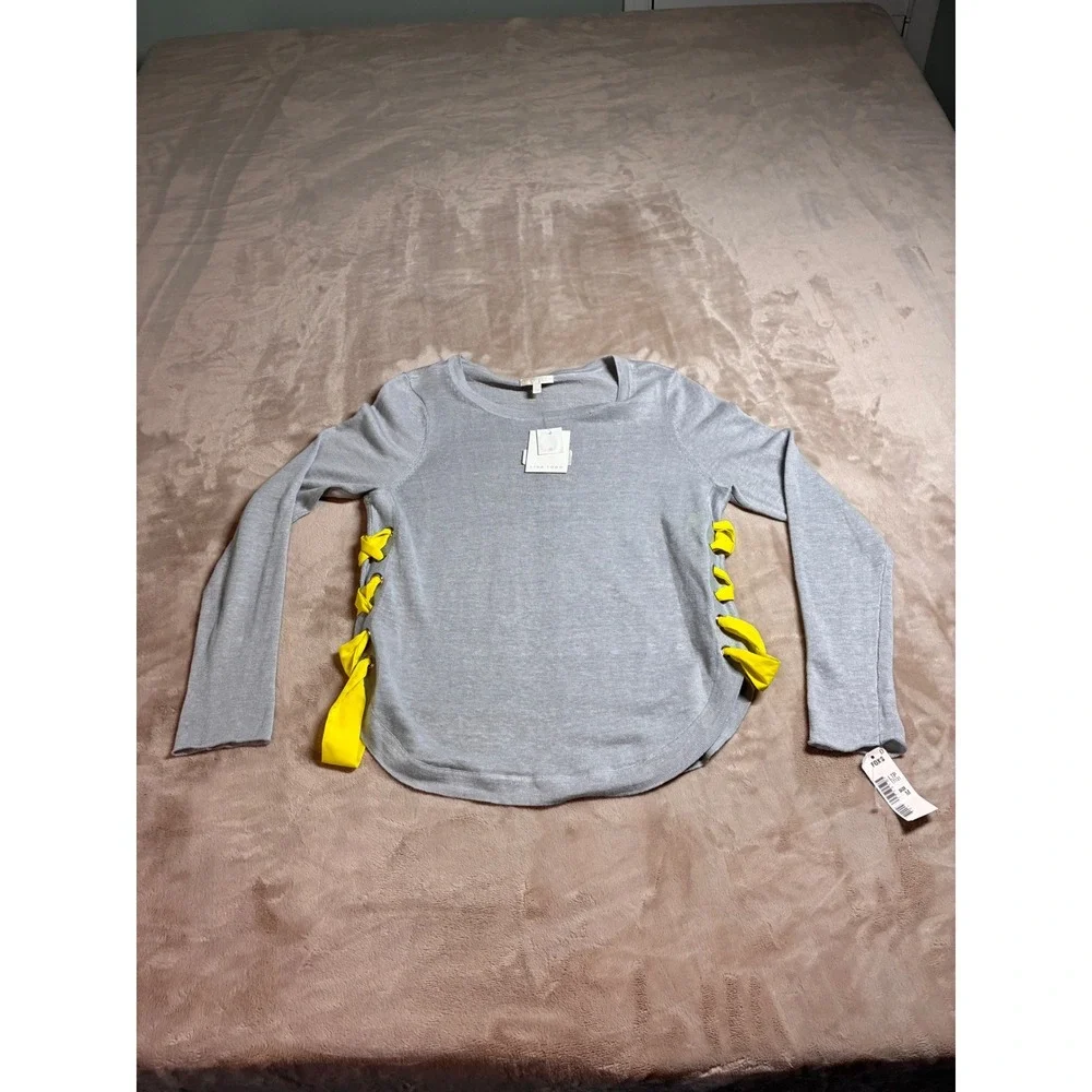 NWT Lisa Todd Explorer Knit Linen Sweater Grey Side Lace Up Yellow Ribbon M